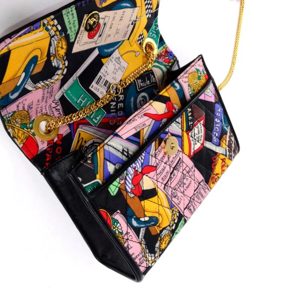 Nicole Miller Quilted Silk VGold  Print Shoulder Bag with Glos - Picture 2 of 6